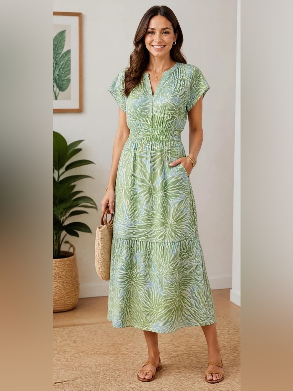 NWT Sigrid Olsen Linen Blend Palm Print Maxi Dress Green Blue XS